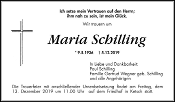 Traueranzeige von Maria Schilling von Schwetzinger Zeitung