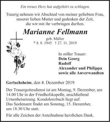 Traueranzeige von Marianne Fellmann von Fränkische Nachrichten