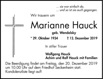 Traueranzeige von Marianne Hauck von Mannheimer Morgen