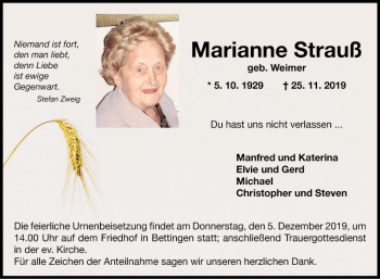 Traueranzeige von Marianne Strauß von Fränkische Nachrichten