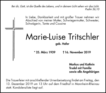 Traueranzeige von Marie-Luise Tritschler von Mannheimer Morgen