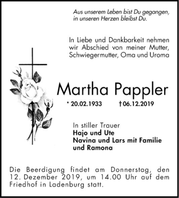 Traueranzeige von Martha Pappier von Mannheimer Morgen