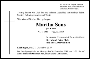 Traueranzeige von Martha Sons von Fränkische Nachrichten