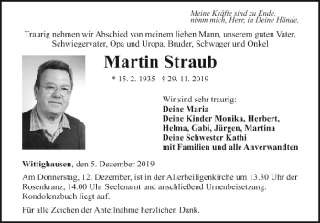 Traueranzeige von Martin Straub von Fränkische Nachrichten