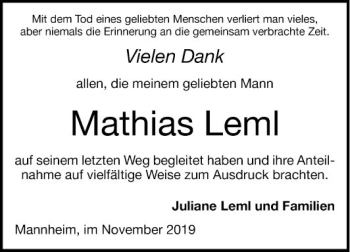 Traueranzeige von Mathias  Leml von Mannheimer Morgen