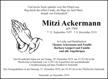 Traueranzeige von Mitzi Ackermann von Fränkische Nachrichten