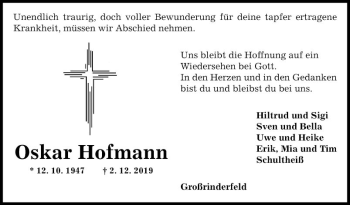 Traueranzeige von Oskar Hofmann von Fränkische Nachrichten