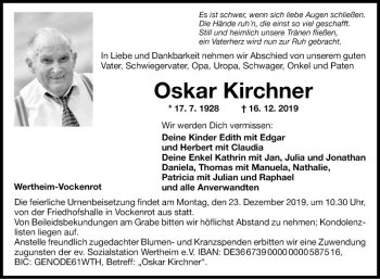 Traueranzeige von Oskar Kirchner von Fränkische Nachrichten