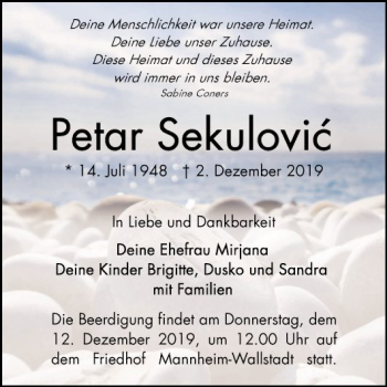 Traueranzeige von Petar Sekulovic von Mannheimer Morgen