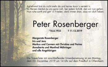 Traueranzeige von Peter Rosenberger von Schwetzinger Zeitung