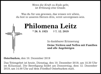 Traueranzeige von Philomena Leitz von Fränkische Nachrichten