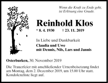 Traueranzeige von Reinhold Klos von Fränkische Nachrichten