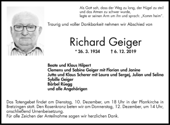 Traueranzeige von Richard Geiger von Fränkische Nachrichten