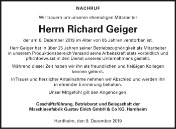 Traueranzeige von Richard Geiger von Fränkische Nachrichten