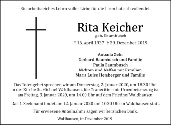 Traueranzeige von Rita Keicher von Fränkische Nachrichten