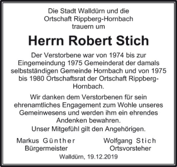 Traueranzeige von Robert Stich von Fränkische Nachrichten