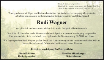 Traueranzeige von Rudi Wagner von Fränkische Nachrichten