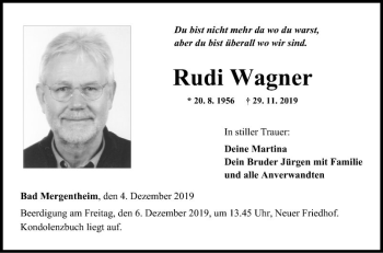 Traueranzeige von Rudi Wagner von Fränkische Nachrichten