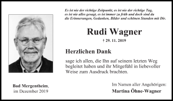 Traueranzeige von Rudi Wagner von Fränkische Nachrichten