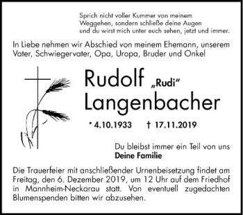 Traueranzeige von Rudolf Langenbacher von Mannheimer Morgen