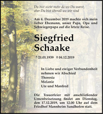 Traueranzeige von Siegfried Schaake von Mannheimer Morgen