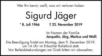 Traueranzeige von Sigurd Jäger von Bergsträßer Anzeiger