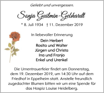 Traueranzeige von Sonja Guilmin-Gebhardt von Mannheimer Morgen