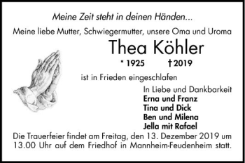 Traueranzeige von Thea Köhler von Mannheimer Morgen