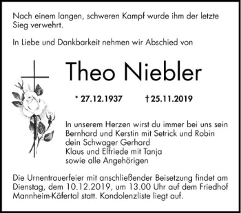 Traueranzeige von Theo Niebler von Mannheimer Morgen