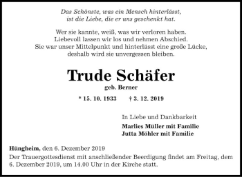 Traueranzeige von Trude Schäfer von Fränkische Nachrichten