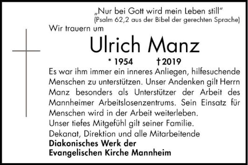  Traueranzeige für Ulrich Manz vom 11.12.2019 aus Mannheimer Morgen