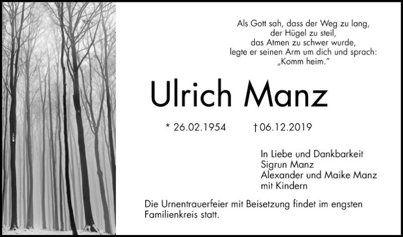  Traueranzeige für Ulrich Manz vom 07.12.2019 aus Mannheimer Morgen