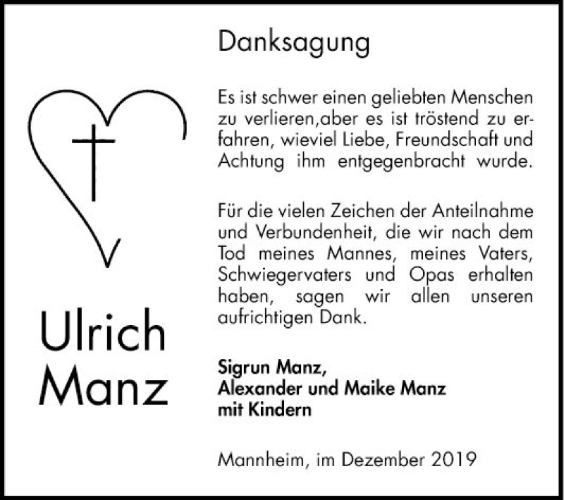  Traueranzeige für Ulrich Manz vom 21.12.2019 aus Mannheimer Morgen