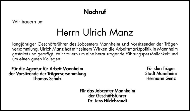 Traueranzeige für Ulrich Manz vom 12.12.2019 aus Mannheimer Morgen