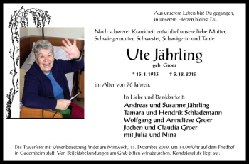 Traueranzeige von Ute Jährling von Bergsträßer Anzeiger