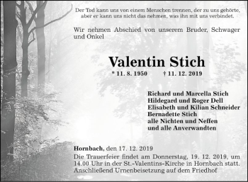 Traueranzeige von Valentin Stich von Fränkische Nachrichten