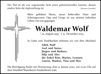 Traueranzeige von Waldemar Wolf von Mannheimer Morgen