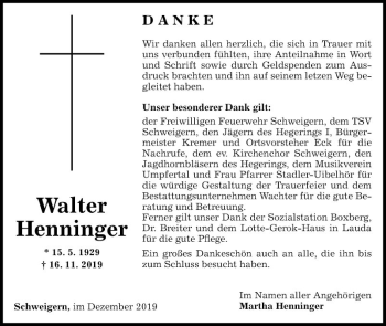 Traueranzeige von Walter Henninger von Fränkische Nachrichten