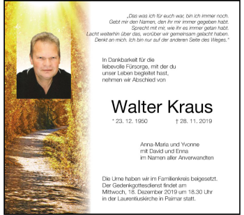 Traueranzeige von Walter Kraus von Fränkische Nachrichten