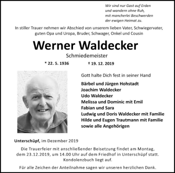 Traueranzeige von Werner Waldecker von Fränkische Nachrichten