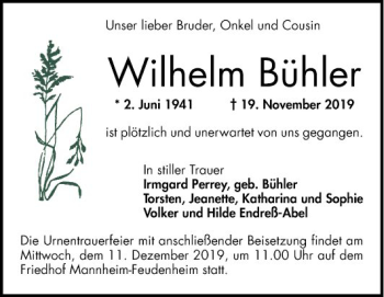 Traueranzeige von Wilhelm Bühler von Mannheimer Morgen