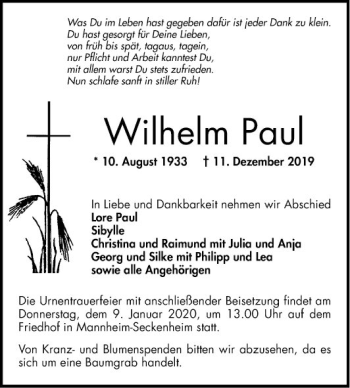 Traueranzeige von Wilhelm Paul von Mannheimer Morgen