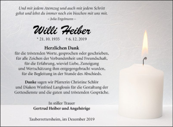 Traueranzeige von Willi Heiber von Fränkische Nachrichten