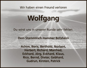 Traueranzeige von Wolfgang  von Fränkische Nachrichten