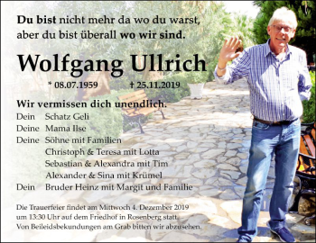 Traueranzeige von Wolfgang Ullrich von Fränkische Nachrichten