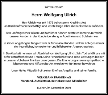 Traueranzeige von Wolfgang Ullrich von Fränkische Nachrichten