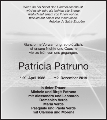 Traueranzeige von Patricia Patruno 