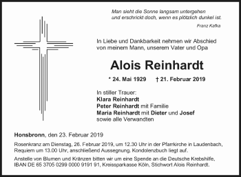 Traueranzeige von Alois Reinhardt von Fränkische Nachrichten