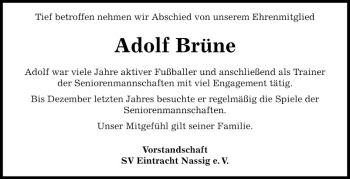 Traueranzeige von Adolf Brüne von Fränkische Nachrichten