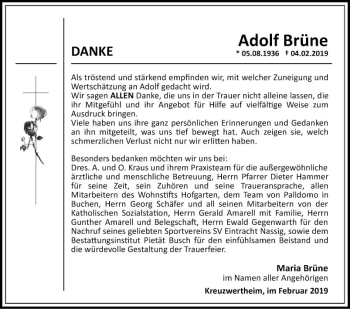 Traueranzeige von Adolf Brüne von Fränkische Nachrichten